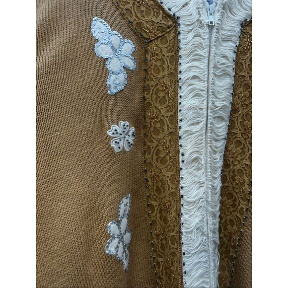 Storybook Knits HSN Women's Floral Long Full Zip-Up Sweater Tan & Cream 1xl - Picture 5 of 5